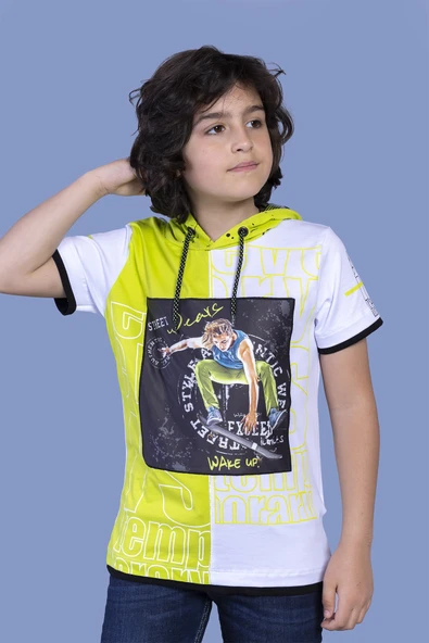 Toontoy Erkek Çocuk Garni Detaylı Kapüşonlu Baskılı Tişört