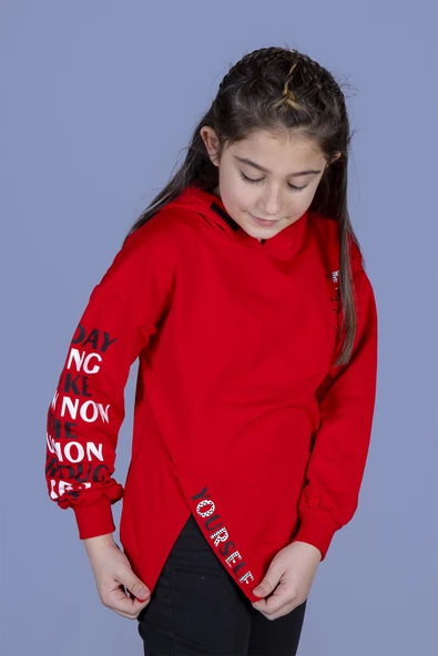 Toontoy Kız Çocuk Kapüşonlu Yırtmaç Detaylı Baskılı Sweatshirt
