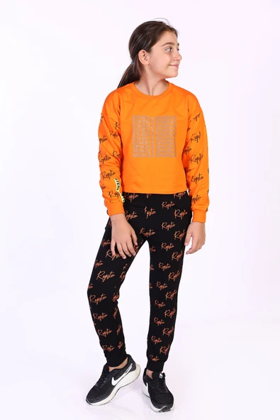 Kız Çocuk 2'li Takım Baskılı Bisiklet Yaka Sweatshirt & Beli Paçası Lastikli Jogger Eşofman Altı - Renk Bloklu & 2 İplik - Resim 11