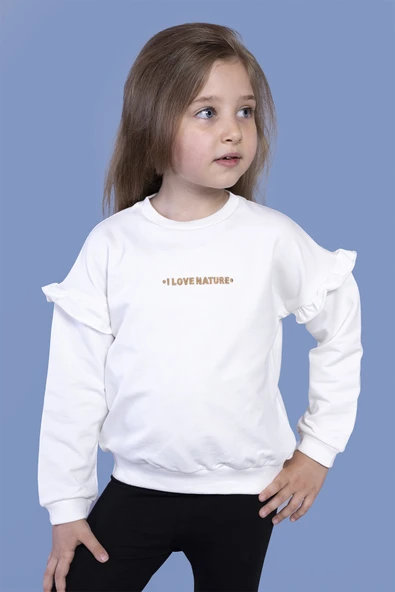 Toontoy Kız Çocuk Kolları Fırfır Detaylı Nakışlı Sweatshirt - 9