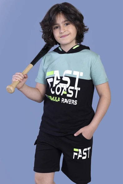 Toontoy Erkek Çocuk Kapüşonlu Garni Detaylı Baskılı Şortlu Takım - 3