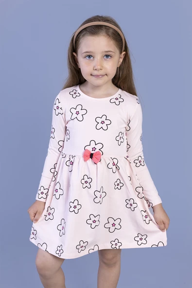 Toontoy Kız Çocuk Çiçek Desenli Fiyonk Detaylı Elbise - 5