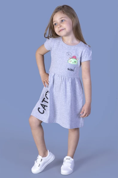 Toontoy Kız Çocuk Cebi Meow Nakışlı Taş İşlemeli Baskılı Elbise - 7