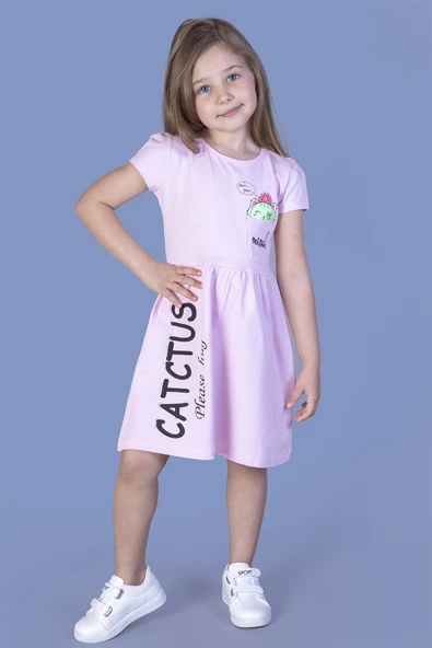 Toontoy Kız Çocuk Cebi Meow Nakışlı Taş İşlemeli Baskılı Elbise - 3