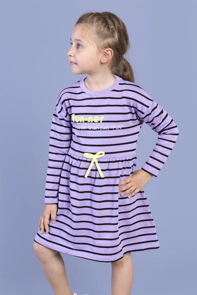 Toontoy Kız Çocuk Bel Fırfır Detaylı Çizgili Yazı Baskılı Elbise - Resim 8
