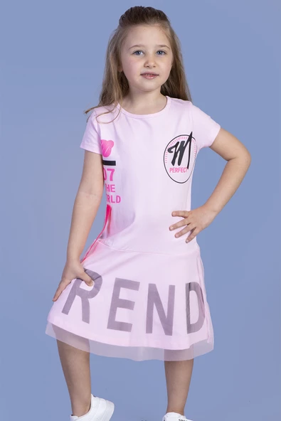 Toontoy Kız Çocuk Tülü Trend Baskılı Şerit Detaylı Elbise - 5