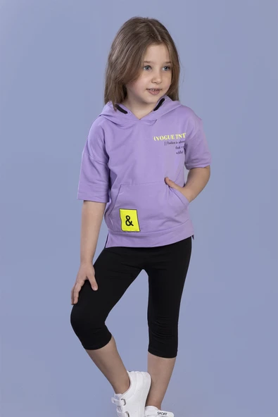 Toontoy Kız Çocuk Baskılı Kapüşonlu Kanguru Cepli Taytlı Takım - 6