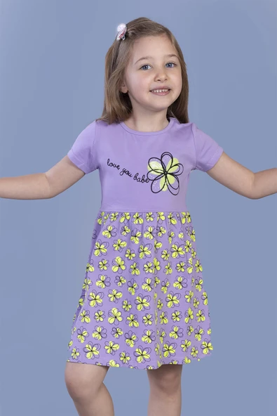 Toontoy Kız Çocuk Çiçek Desenli Yazı Nakışlı Pullu Taş İşlemeli Elbise