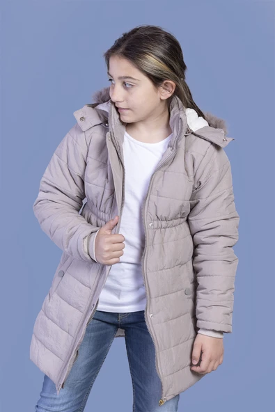Toontoy Kız Çocuk  İtici Kapüşonlu Fermuar ve Çıtçıt Kapamalı Cepli Beli Lastikli Uzun Mont - İçi Suni Kürklü - 2
