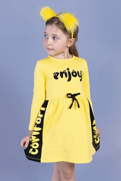 Toontoy Kız Çocuk Taş İşlemeli Enjoy Baskılı Elbise - 5
