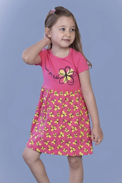 Toontoy Kız Çocuk Çiçek Desenli Yazı Nakışlı Pullu Taş İşlemeli Elbise - 11
