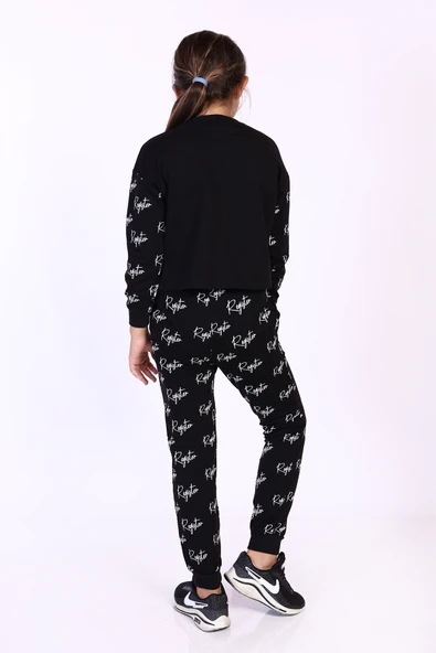 Kız Çocuk 2'li Takım Baskılı Bisiklet Yaka Sweatshirt & Beli Paçası Lastikli Jogger Eşofman Altı - Renk Bloklu & 2 İplik - Resim 7