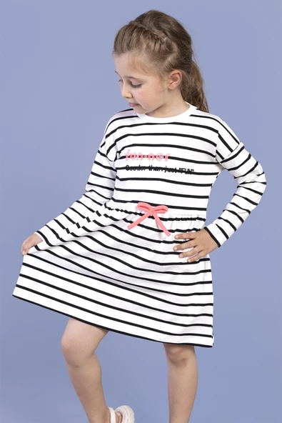 Toontoy Kız Çocuk Bel Fırfır Detaylı Çizgili Yazı Baskılı Elbise - Resim 12