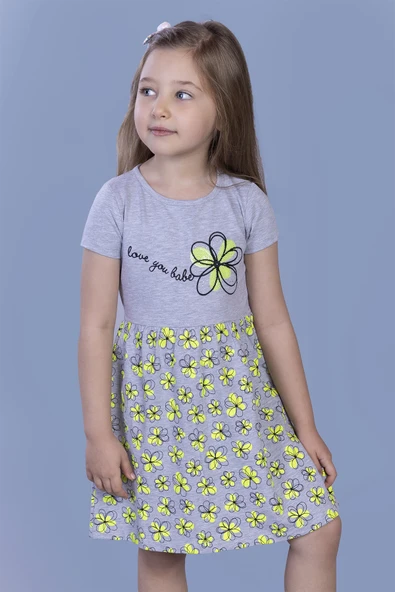 Toontoy Kız Çocuk Çiçek Desenli Yazı Nakışlı Pullu Taş İşlemeli Elbise - 6