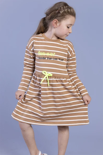 Toontoy Kız Çocuk Bel Fırfır Detaylı Çizgili Yazı Baskılı Elbise - Resim 4