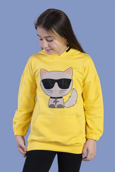 Toontoy Kız Çocuk Kedi Desenli Taş İşlemeli Kanguru Cepli Sweatshirt - 7