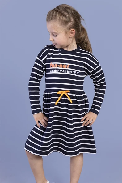 Toontoy Kız Çocuk Bel Fırfır Detaylı Çizgili Yazı Baskılı Elbise - Resim 10
