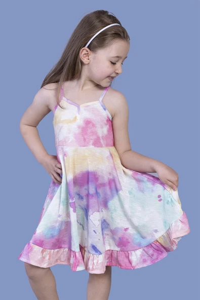 Toontoy Kız Çocuk Batik Desenli Askılı Elbise