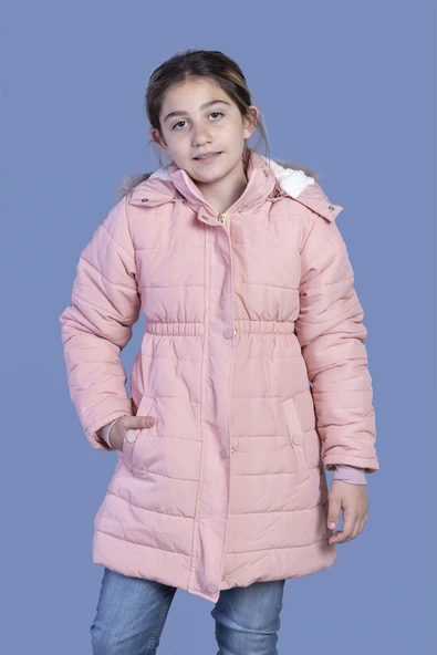 Toontoy Kız Çocuk  İtici Kapüşonlu Fermuar ve Çıtçıt Kapamalı Cepli Beli Lastikli Uzun Mont - İçi Suni Kürklü - 6