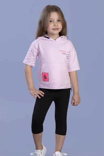 Toontoy Kız Çocuk Baskılı Kapüşonlu Kanguru Cepli Taytlı Takım - 3