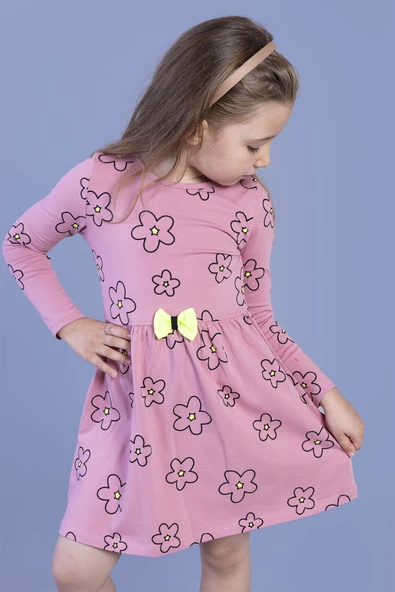 Toontoy Kız Çocuk Çiçek Desenli Fiyonk Detaylı Elbise - 7