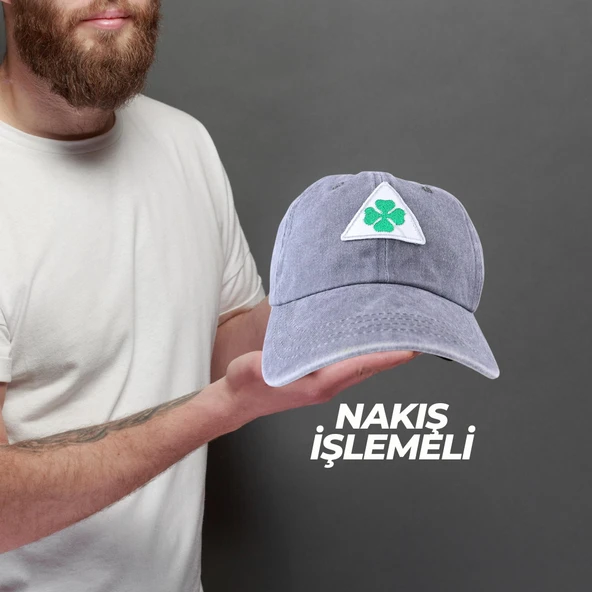 Perlotus Vintage Yıkamalı Pamuk Şapka Dört Yapraklı Yonca Nakışlı Gri
