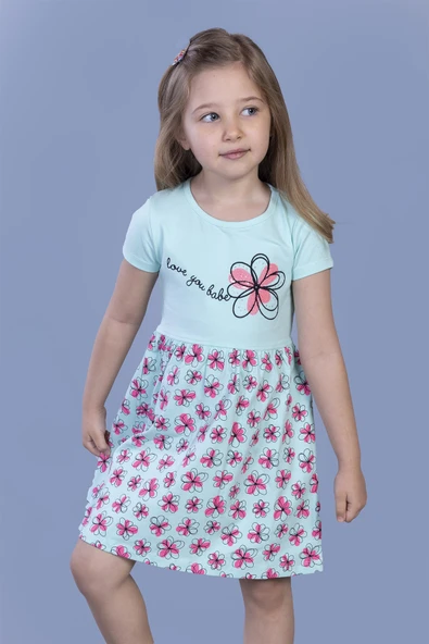 Toontoy Kız Çocuk Çiçek Desenli Yazı Nakışlı Pullu Taş İşlemeli Elbise - 4