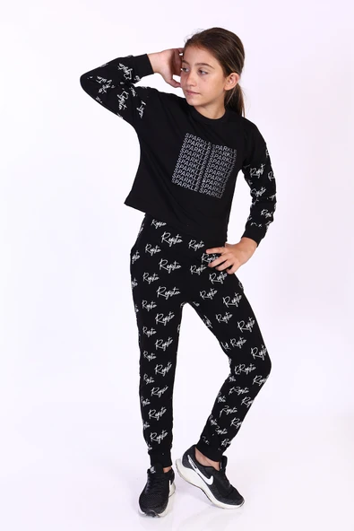 Kız Çocuk 2'li Takım Baskılı Bisiklet Yaka Sweatshirt & Beli Paçası Lastikli Jogger Eşofman Altı - Renk Bloklu & 2 İplik - Resim 3