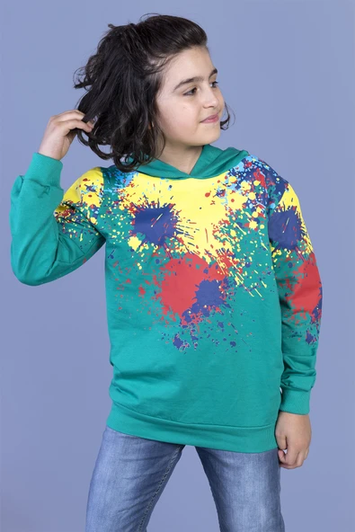 Toontoy Erkek Çocuk Kapüşonlu Renkli Püskürtme Baskılı Sweatshirt - 3