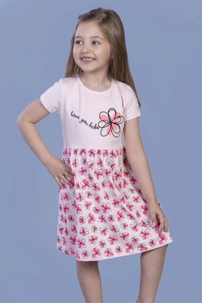 Toontoy Kız Çocuk Çiçek Desenli Yazı Nakışlı Pullu Taş İşlemeli Elbise - 8