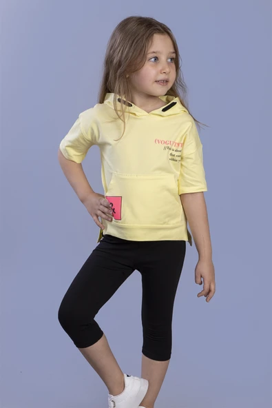 Toontoy Kız Çocuk Baskılı Kapüşonlu Kanguru Cepli Taytlı Takım - 5