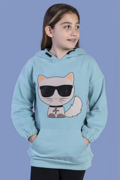 Toontoy Kız Çocuk Kedi Desenli Taş İşlemeli Kanguru Cepli Sweatshirt - 2