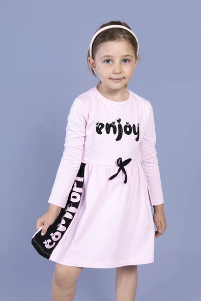 Toontoy Kız Çocuk Taş İşlemeli Enjoy Baskılı Elbise - 9