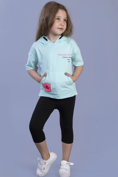 Toontoy Kız Çocuk Baskılı Kapüşonlu Kanguru Cepli Taytlı Takım