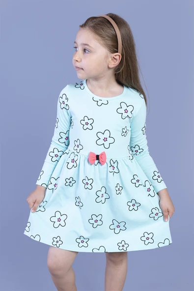 Toontoy Kız Çocuk Çiçek Desenli Fiyonk Detaylı Elbise
