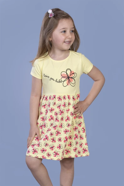 Toontoy Kız Çocuk Çiçek Desenli Yazı Nakışlı Pullu Taş İşlemeli Elbise - 2
