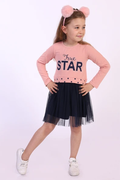 Toontoy Kız Çocuk Star Baskılı Tüllü Elbise
