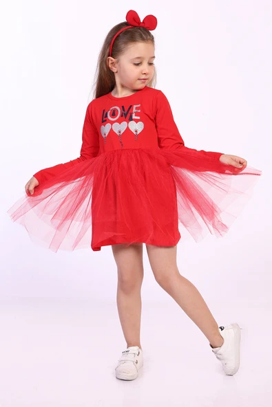 Toontoy Kız Çocuk Love Kalp Baskılı Elbise - 3