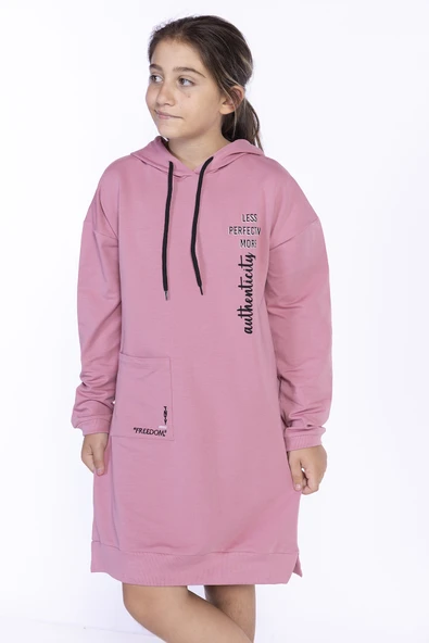 Toontoy Kız Çocuk Kapüşonlu Kordonlu Cep Detaylı Baskılı Elbise - 3