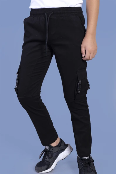 Erkek Çocuk Siyah Beli Lastikli ve Bağcıklı Jogger Pantolon - Kargo Cepli - Resim 2