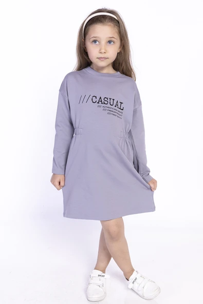 Toontoy Kız Çocuk Bel Lastikli Casual Yazı Baskılı Elbise - 4