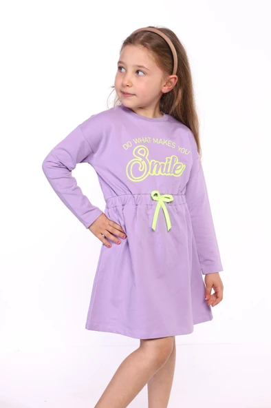 Toontoy Kız Çocuk Taş İşlemeli Smile Yazı Baskılı Elbise - Resim 7