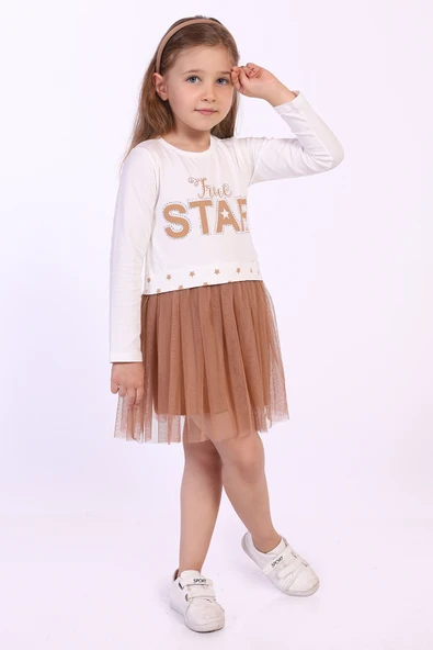 Toontoy Kız Çocuk Star Baskılı Tüllü Elbise - 6