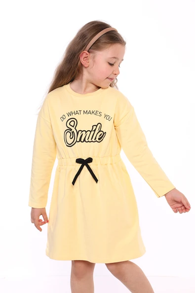 Toontoy Kız Çocuk Taş İşlemeli Smile Yazı Baskılı Elbise - Resim 3