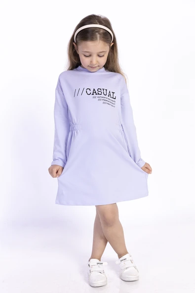 Toontoy Kız Çocuk Bel Lastikli Casual Yazı Baskılı Elbise - 5