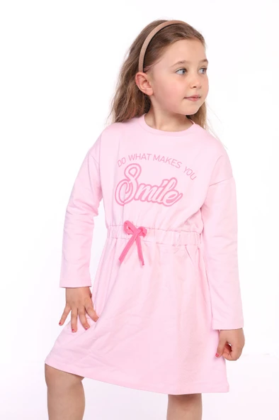 Toontoy Kız Çocuk Taş İşlemeli Smile Yazı Baskılı Elbise - Resim 8