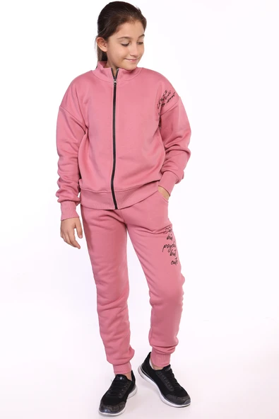 Toontoy Kız Çocuk Fermuarlı Yüksek Yaka Baskılı Eşofman Takım - 6