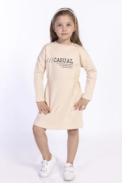 Toontoy Kız Çocuk Bel Lastikli Casual Yazı Baskılı Elbise