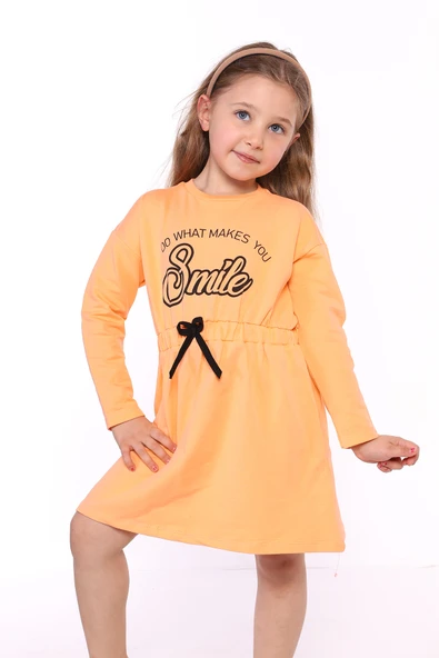 Toontoy Kız Çocuk Taş İşlemeli Smile Yazı Baskılı Elbise - Resim 4