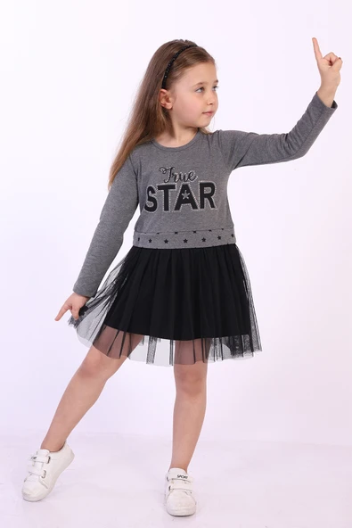 Toontoy Kız Çocuk Star Baskılı Tüllü Elbise - 8